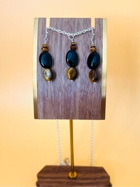 Silver plated oval Black crystals and tigers eye Beaded Earrings & pendant set